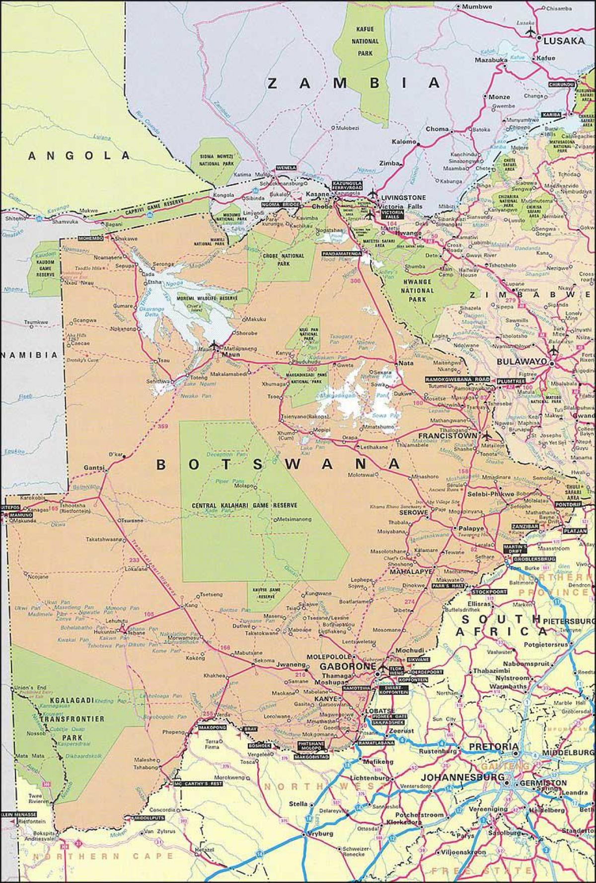 harta e detajuar hartë rrugore të Botsuana
